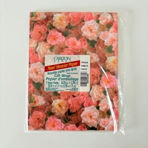 Vintage New Old Stock Carlton Cards Pink Roses Gift Wrap 1 Sheet Made in USA
